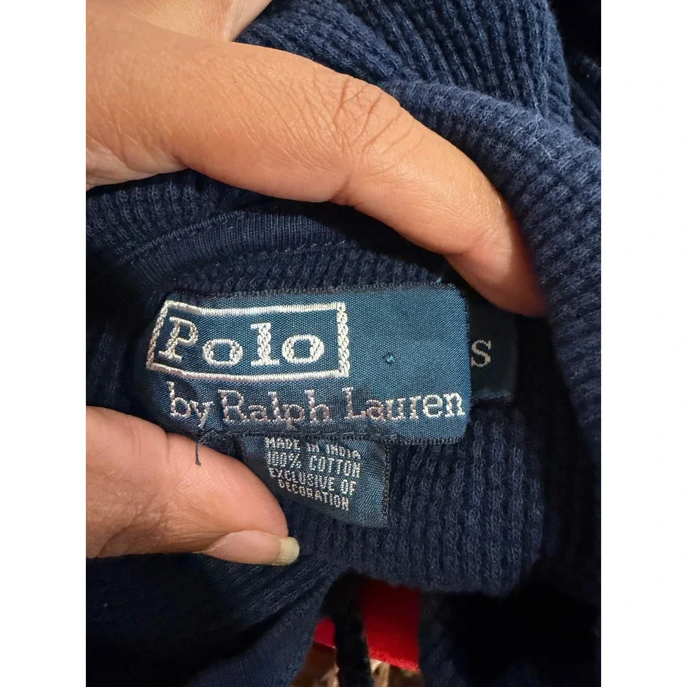 Polo Ralph Lauren Mens Waffle Knit Thermal Hoodie Navy Blue Lizard Logo Small‎